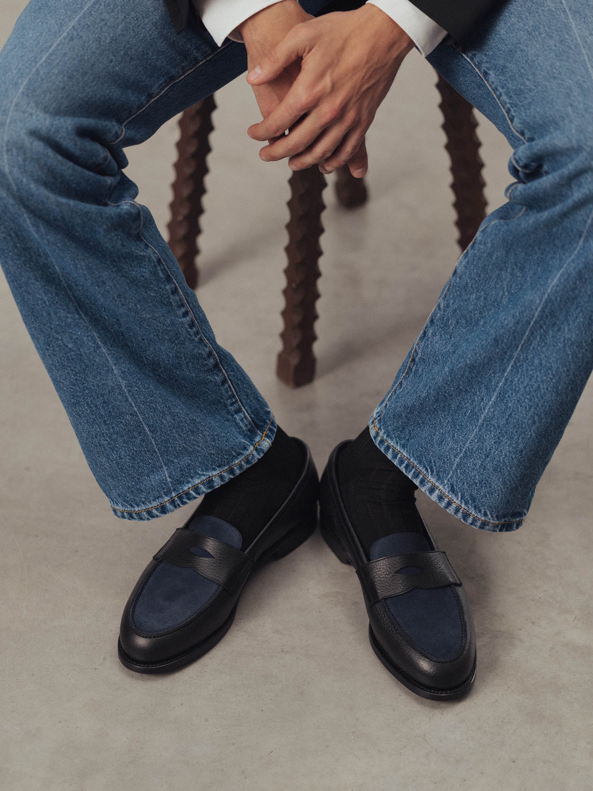The Penny Loafer - Black Grain & Navy Suede